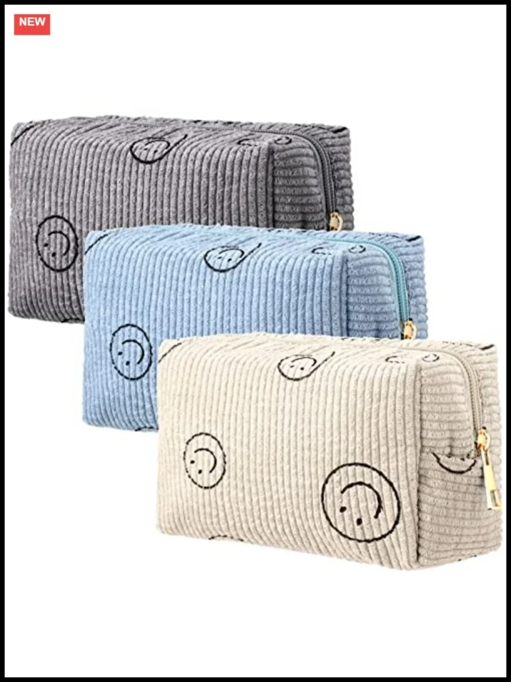 Corduroy Smile Face Makeup Cosmetic Bag Set of 3 Travel Toiletry Organizer